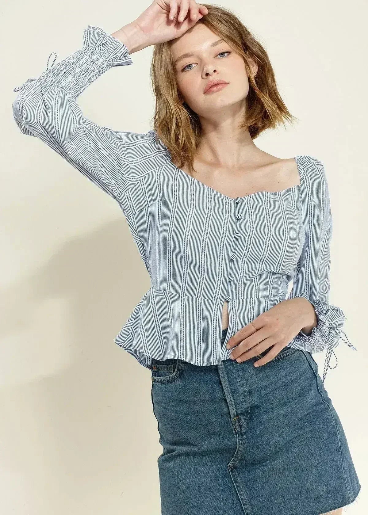 Smocked Cuff Button Front Peplum Blouse in Blue | Femstylo - Femstylo