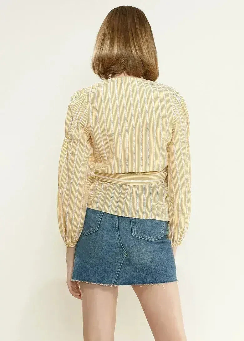 Smocked Sleeve Stripe Wrap V-Neck Blouse in Yellow | Femstylo - Femstylo