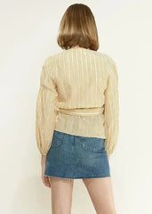 Smocked Sleeve Stripe Wrap V-Neck Blouse in Yellow | Femstylo - Femstylo