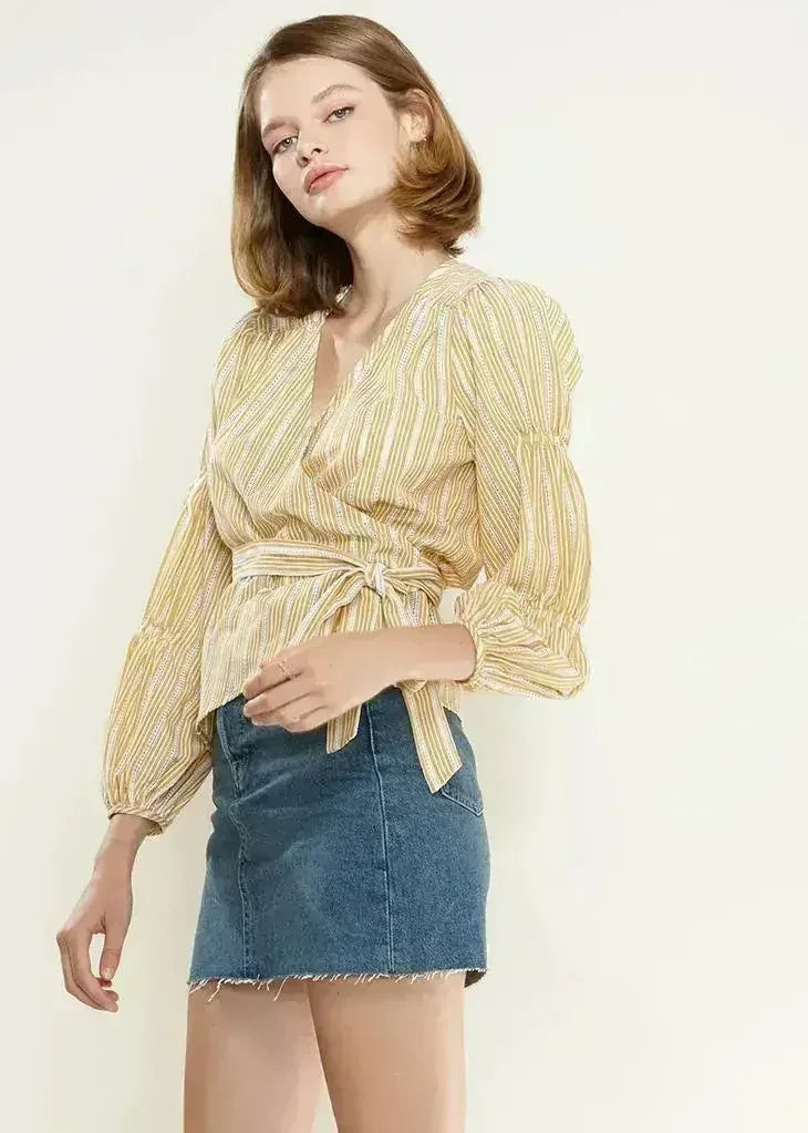 Smocked Sleeve Stripe Wrap V-Neck Blouse in Yellow | Femstylo - Femstylo