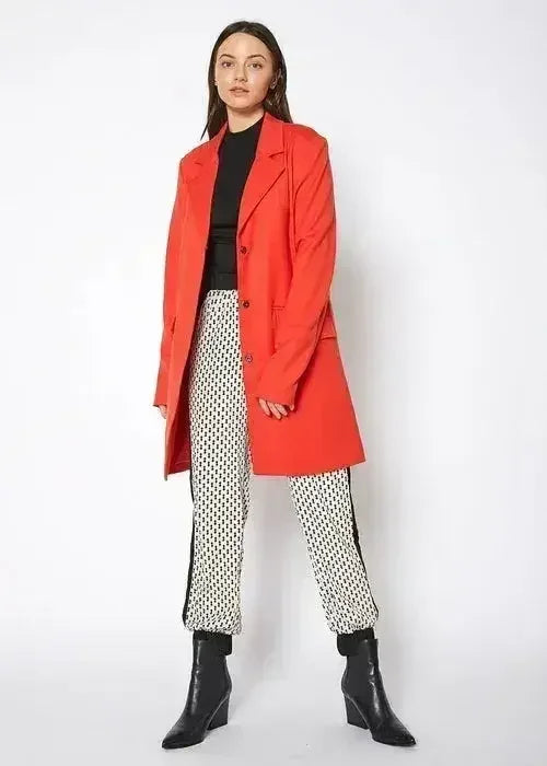 Women's Notch Collar Longline Jacket In Paprika - Femstylo