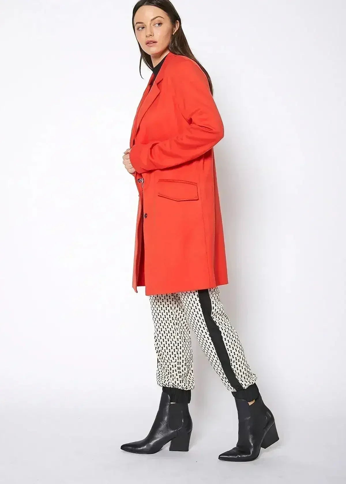 Women's Notch Collar Longline Jacket In Paprika - Femstylo