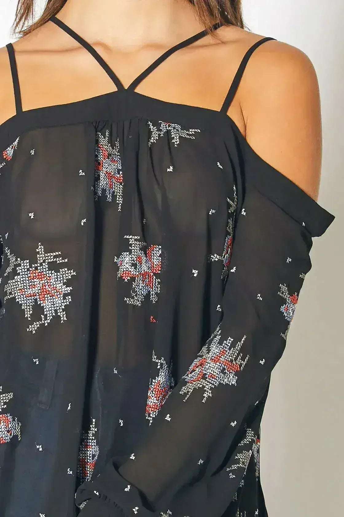 Off Shoulder Embroidery Print Blouse in Black | Femstylo - Femstylo