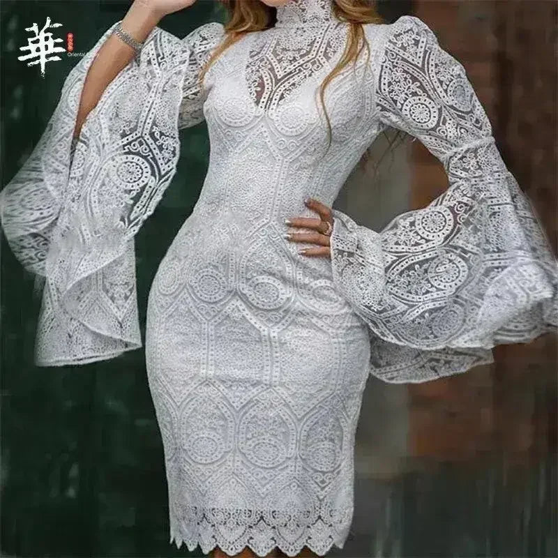 Lace White Dress Women Midi Dress for Women Long Sleeve Bodycon Sexy - Femstylo
