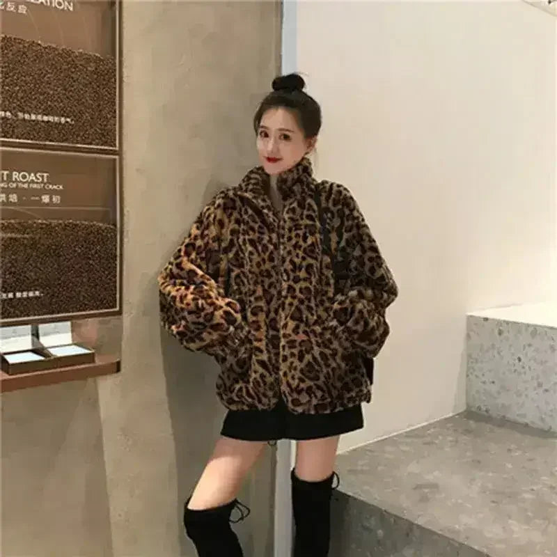 Winter Leopard Print Jacket Women's Stand collar Warm Parkas Outwear - Femstylo