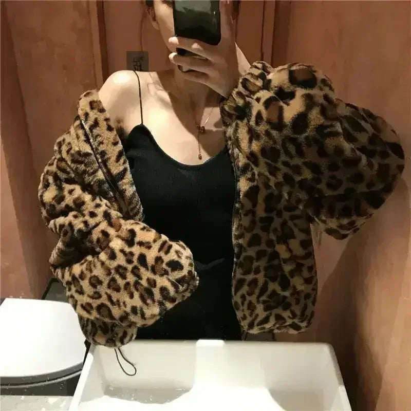 Winter Leopard Print Jacket Women's Stand collar Warm Parkas Outwear - Femstylo