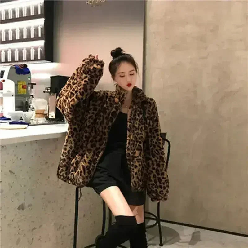 Winter Leopard Print Jacket Women's Stand collar Warm Parkas Outwear - Femstylo