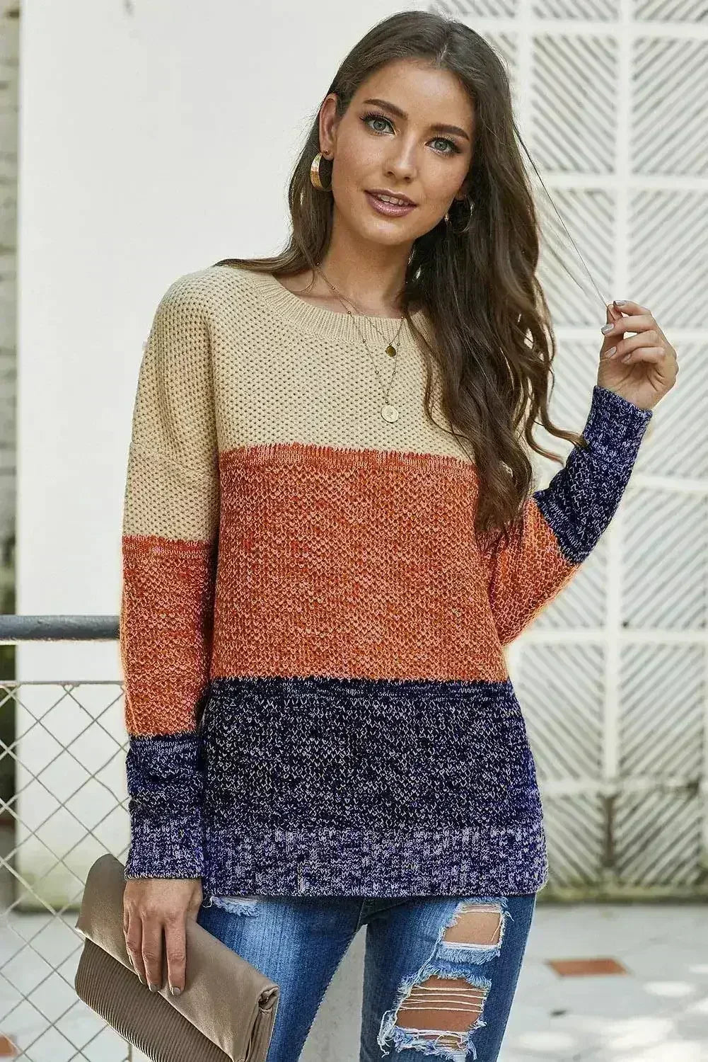 Winter Brown Color Block Netted Texture Pullover Sweater - Femstylo