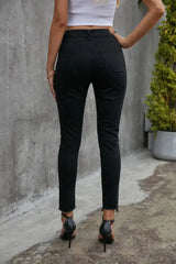 Women's Black Plain High Waist Buttons Frayed Cropped Denim Jeans - Femstylo