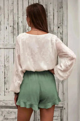 Women's Summer Pocketed Flutter Green Linen Cotton Shorts
