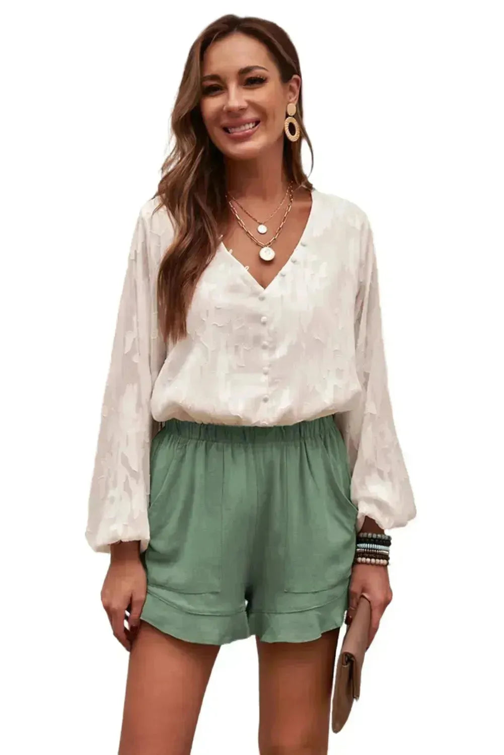 Women's Summer Pocketed Flutter Green Linen Cotton Shorts