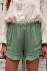 Women's Summer Pocketed Flutter Green Linen Cotton Shorts