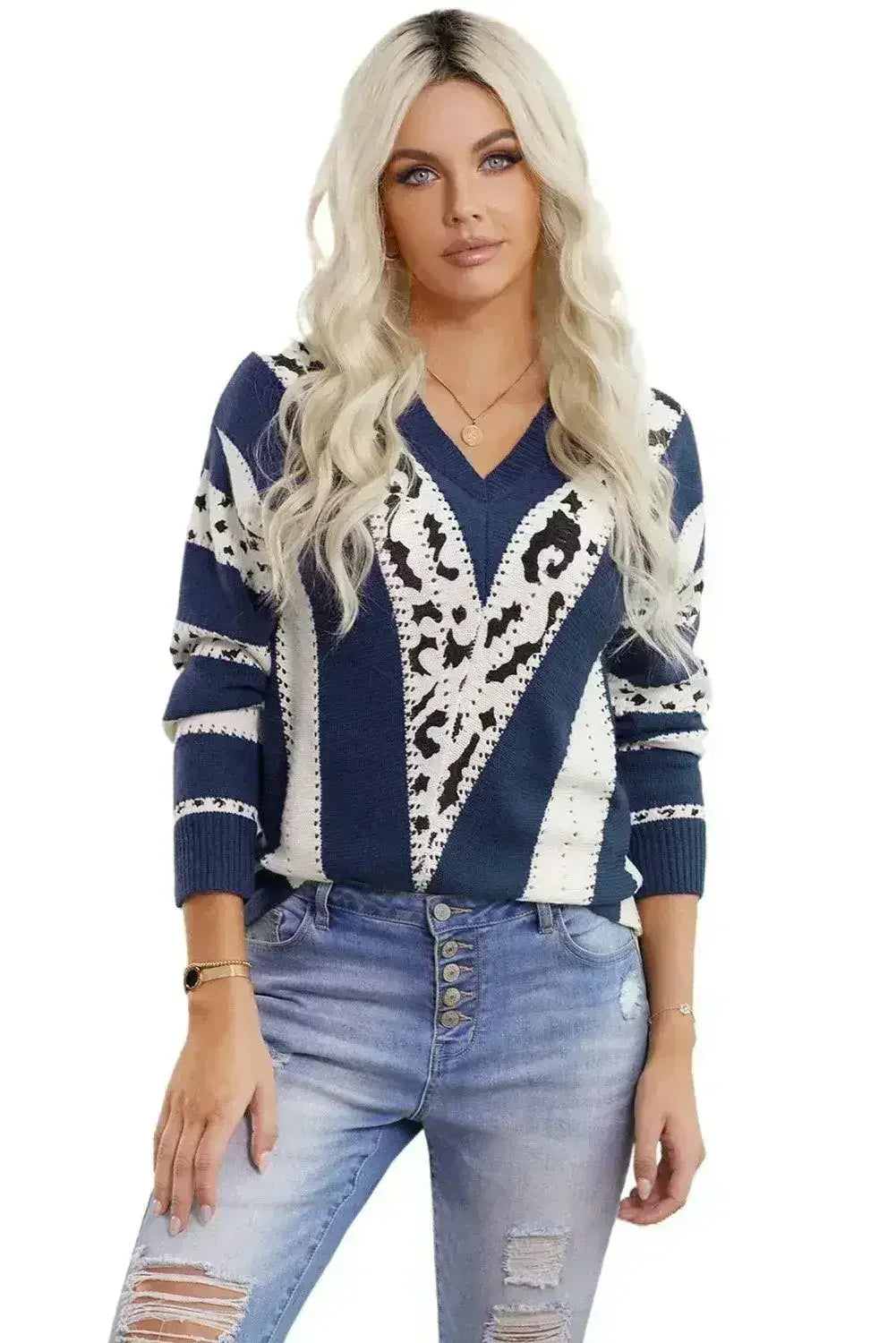 Women's Fashion Blue Animal Print Accent V Neck Sweater - Femstylo