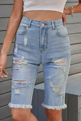 Women's Fashion Light Blue Distressed Jeans Bermuda Shorts - Femstylo