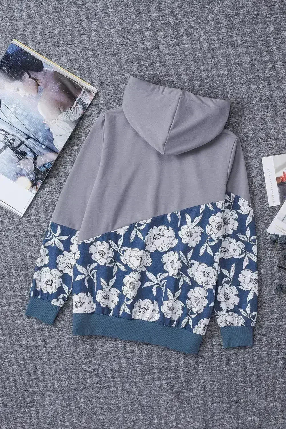 Women's Gray Floral Splicing Cowl Neck Hoodie - Femstylo