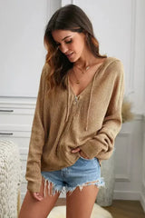 Womens Khaki Zipper V-neck Dropped Sleeve Hooded Sweater - Femstylo