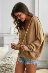 Womens Khaki Zipper V-neck Dropped Sleeve Hooded Sweater - Femstylo