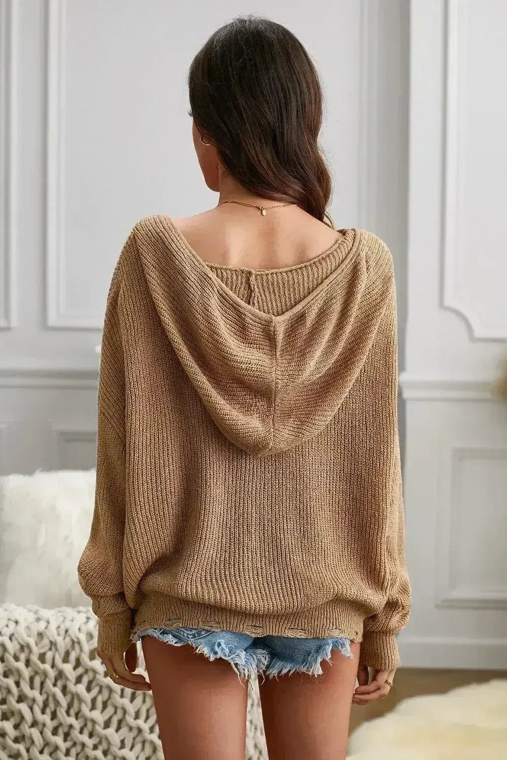 Womens Khaki Zipper V-neck Dropped Sleeve Hooded Sweater - Femstylo