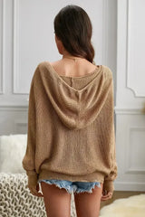 Womens Khaki Zipper V-neck Dropped Sleeve Hooded Sweater - Femstylo