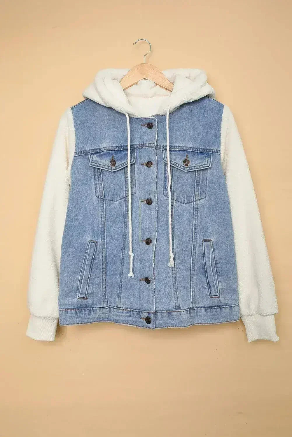 Womens Sky Blue White Sherpa Denim Splicing Buttoned Jacket - Femstylo
