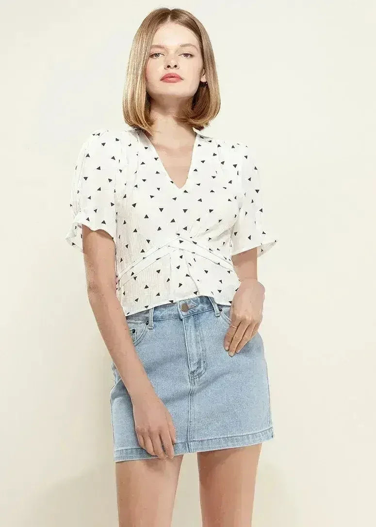 Women's Triangle Print Puff Sleeve Blouse in White triangle | Femstylo - Femstylo
