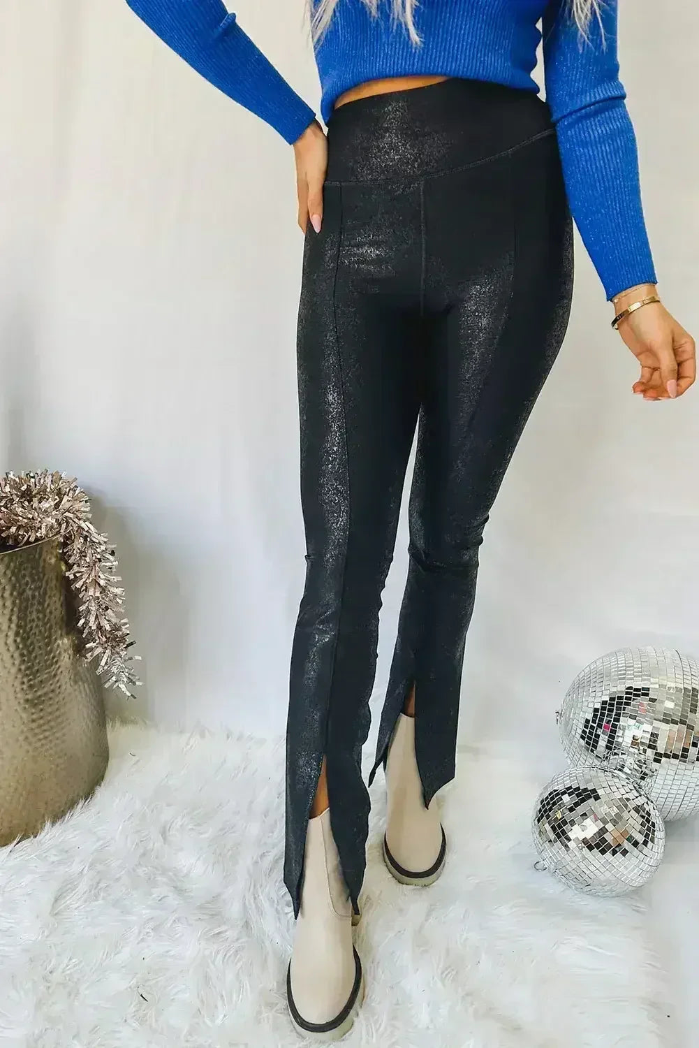 Black Faux Leather Splits High Waist Leggings - Femstylo