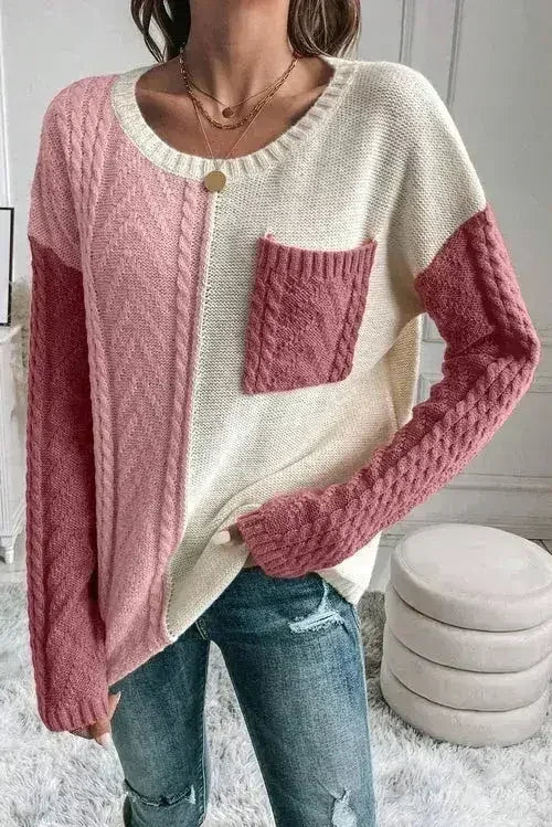 Color Block Round Neck Long Sleeve Sweater - Femstylo