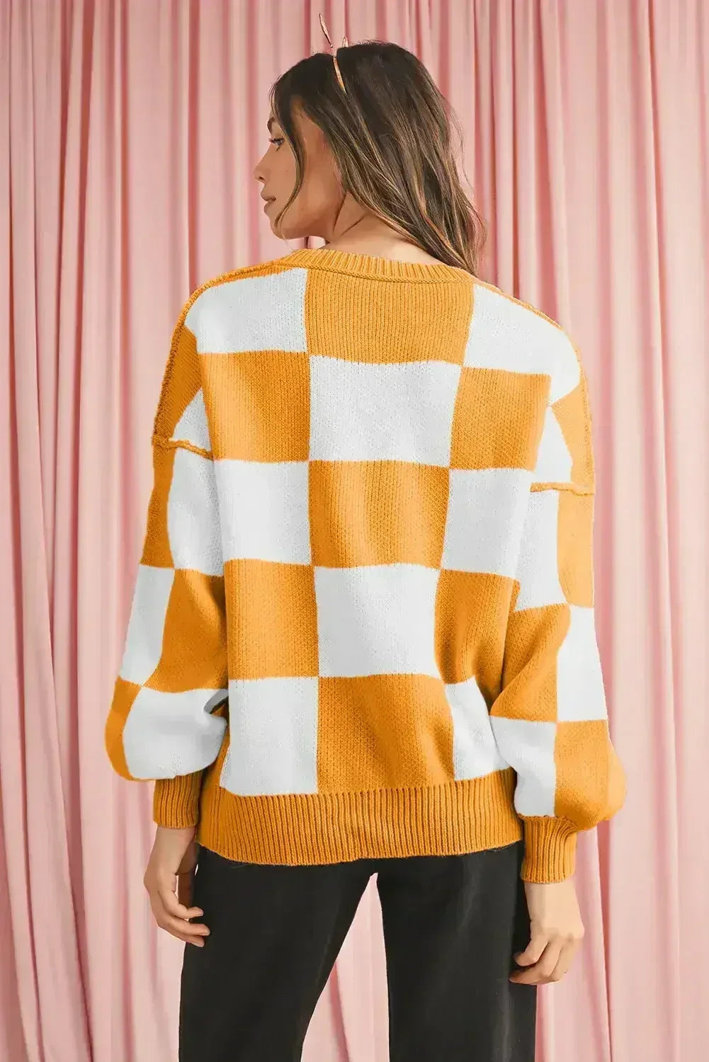 Green Checkered Bishop Sleeve Pullover Sweater - Femstylo