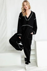 Black Exposed Seam Oversized Drop Waist Jumpsuit - Femstylo