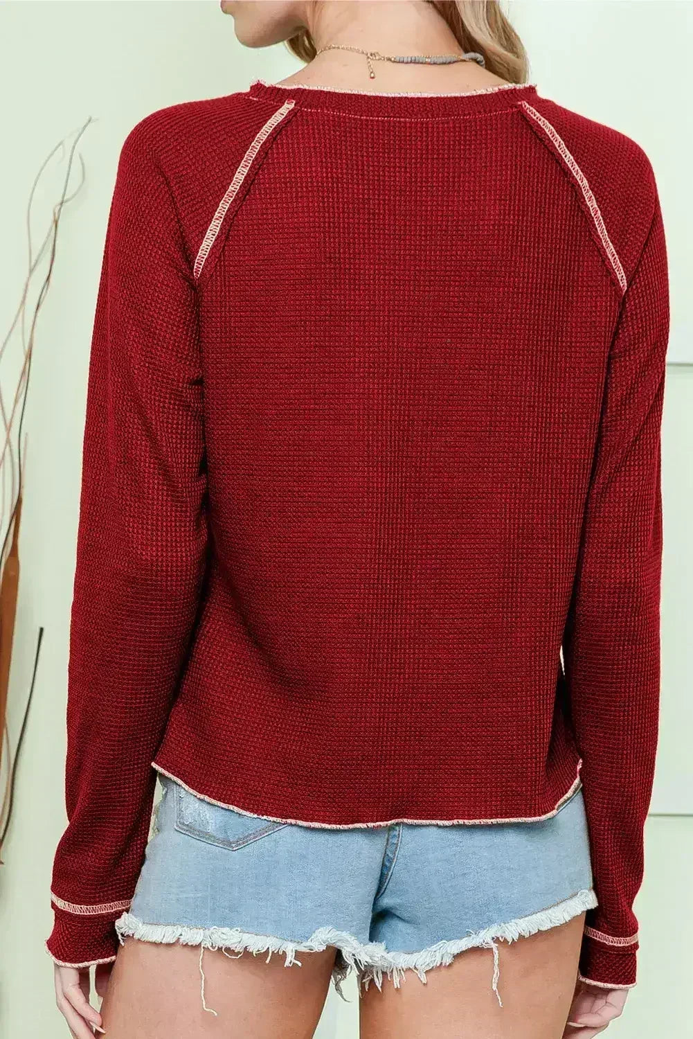 Red Waffle Rugby Graphic Contrast Hem Sweatshirt - Femstylo