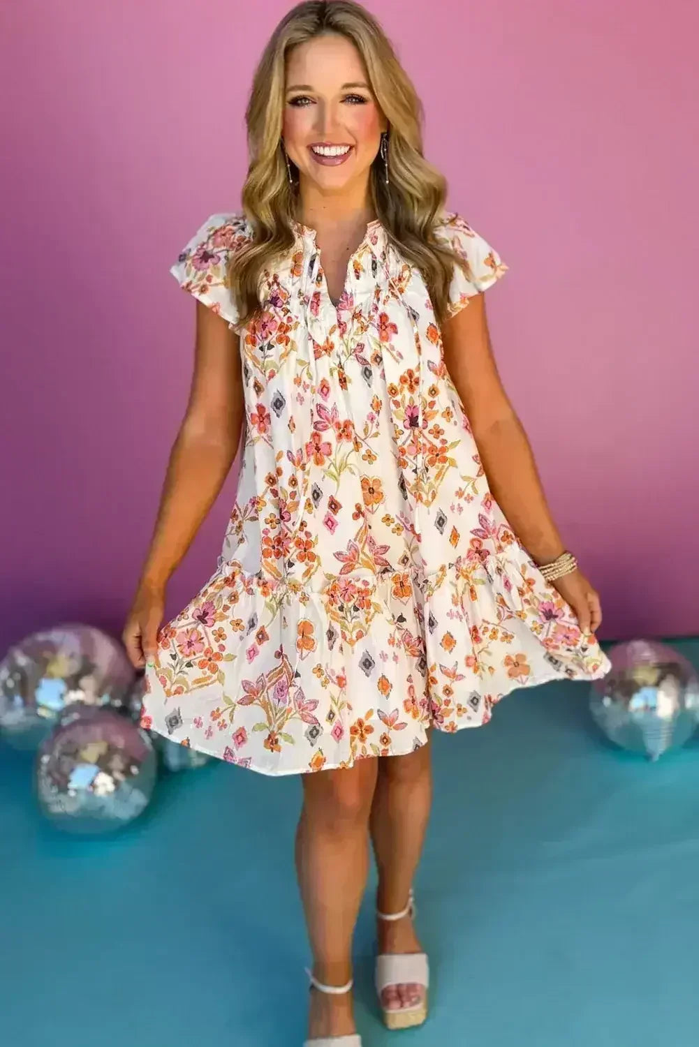 Apricot Floral Print Ruffled Trim Flutter Sleeve Mini Dress - Femstylo