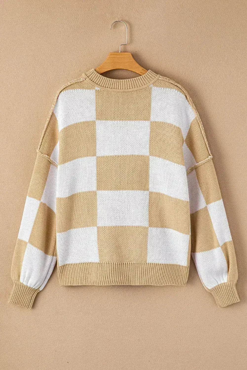 Green Checkered Bishop Sleeve Pullover Sweater - Femstylo