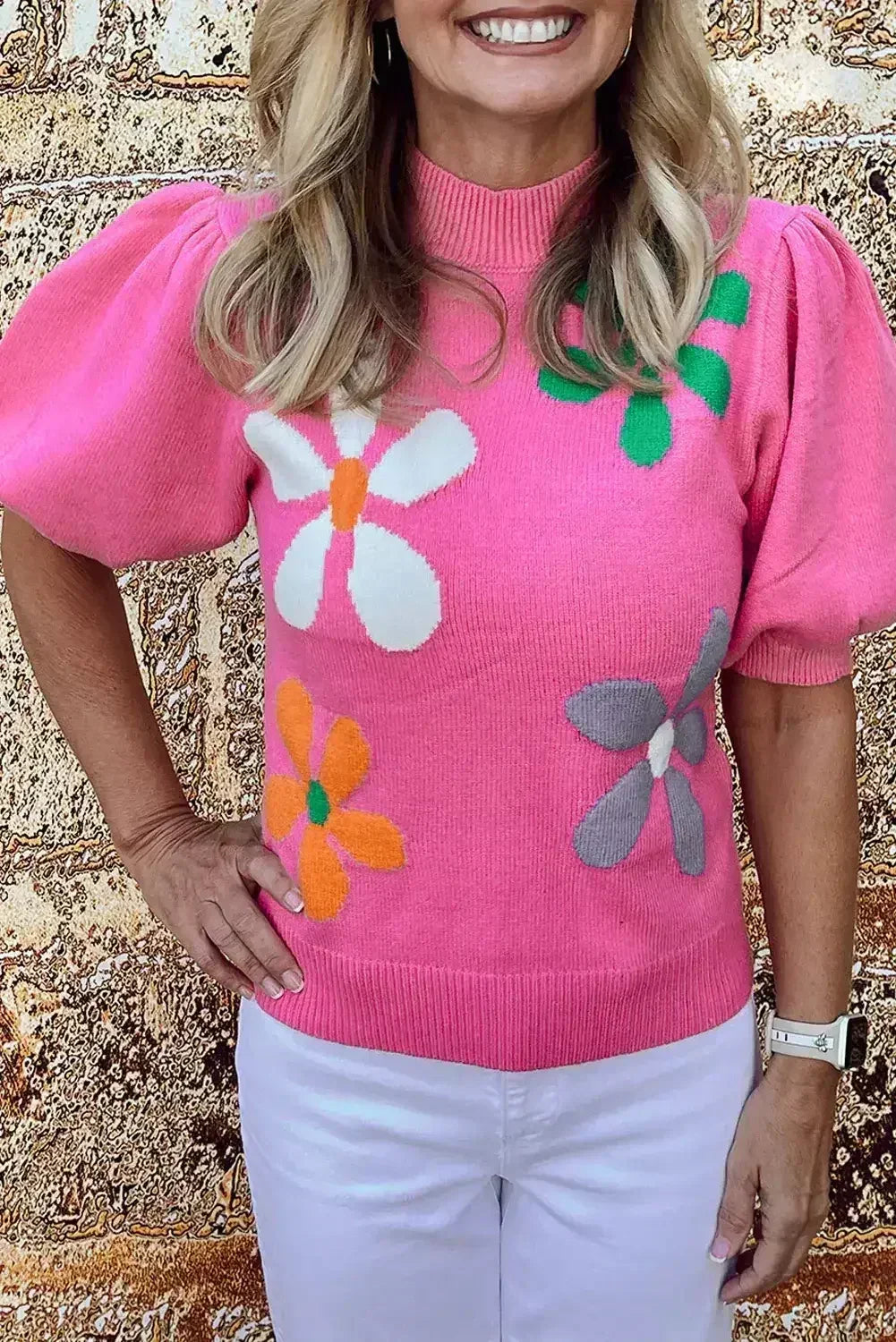 Bright Green 60s Floral Bubble Short Sleeve Knitted Top - Femstylo