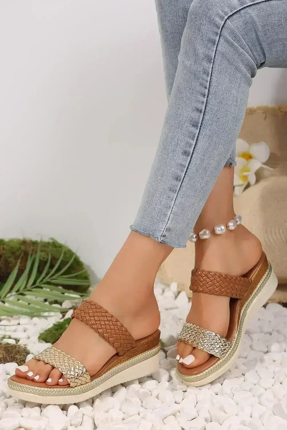 Gold Woven Two Band Color Block Wedge Slippers - Femstylo