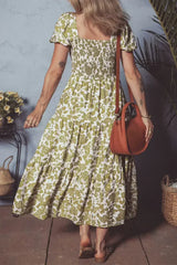 Yellow Boho Floral Print Square Neck Puff Sleeve Tiered Maxi Dress - Femstylo