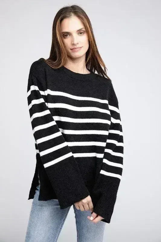 Ribbed Hem Stripe Sweater - Femstylo