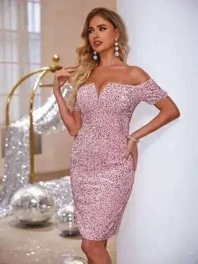 Slit Sequin Off-Shoulder Mini Dress - Femstylo