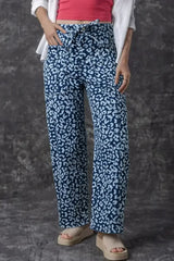 Blue Leopard Print Drawstring Waist Pocketed Wide Leg Jeans - Femstylo