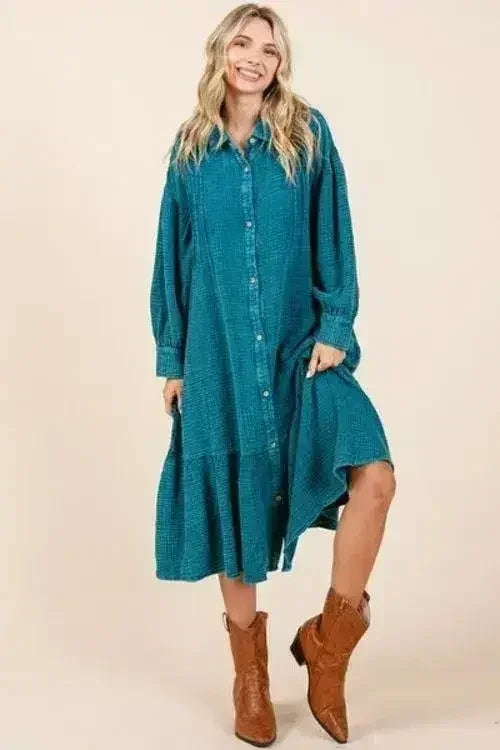 Mittoshop Mineral Wash Cotton Gauze Ruffle Midi Shirt Dress - Femstylo