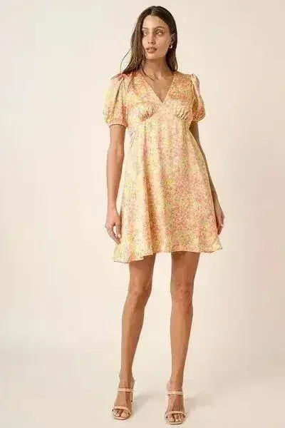 Mittoshop Printed V-Neck Puff Sleeve Mini Dress - Femstylo
