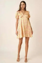 Mittoshop Printed V-Neck Puff Sleeve Mini Dress - Femstylo