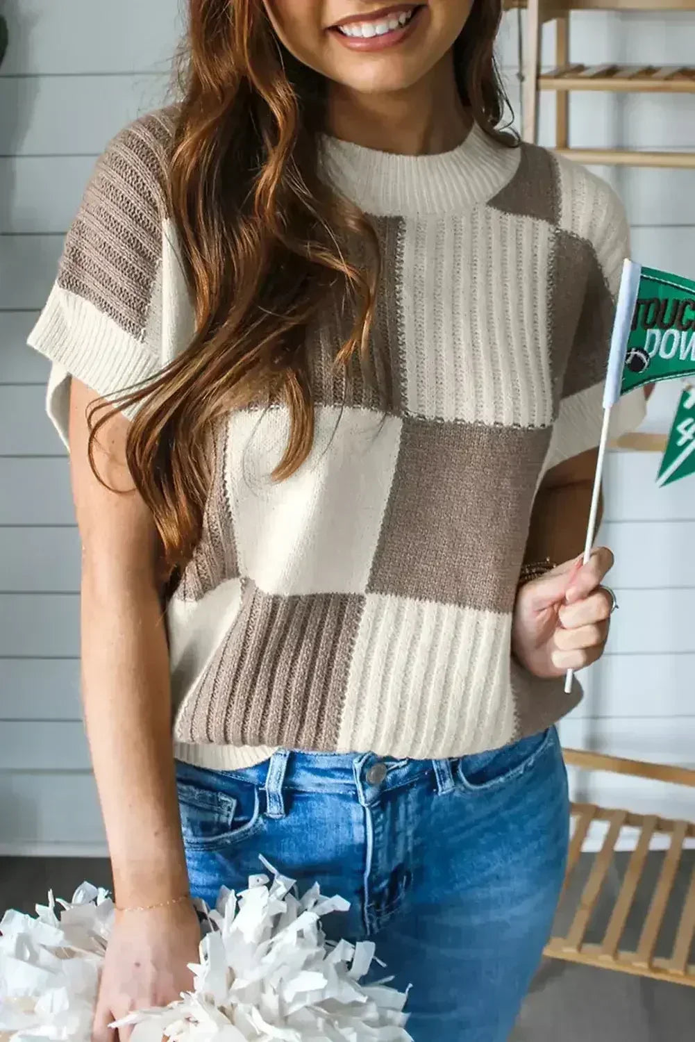 Light Blue Checkered Color Block Crew Neck Short Sleeve Sweater - Femstylo