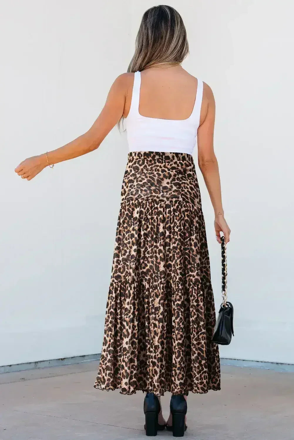 Brown Leopard Floral Reversible Ruffle Hem Maxi Skirt - Femstylo