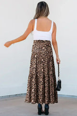Brown Leopard Floral Reversible Ruffle Hem Maxi Skirt - Femstylo