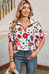 Pink Floral Print Boho Pop of Color Neckline Blouse