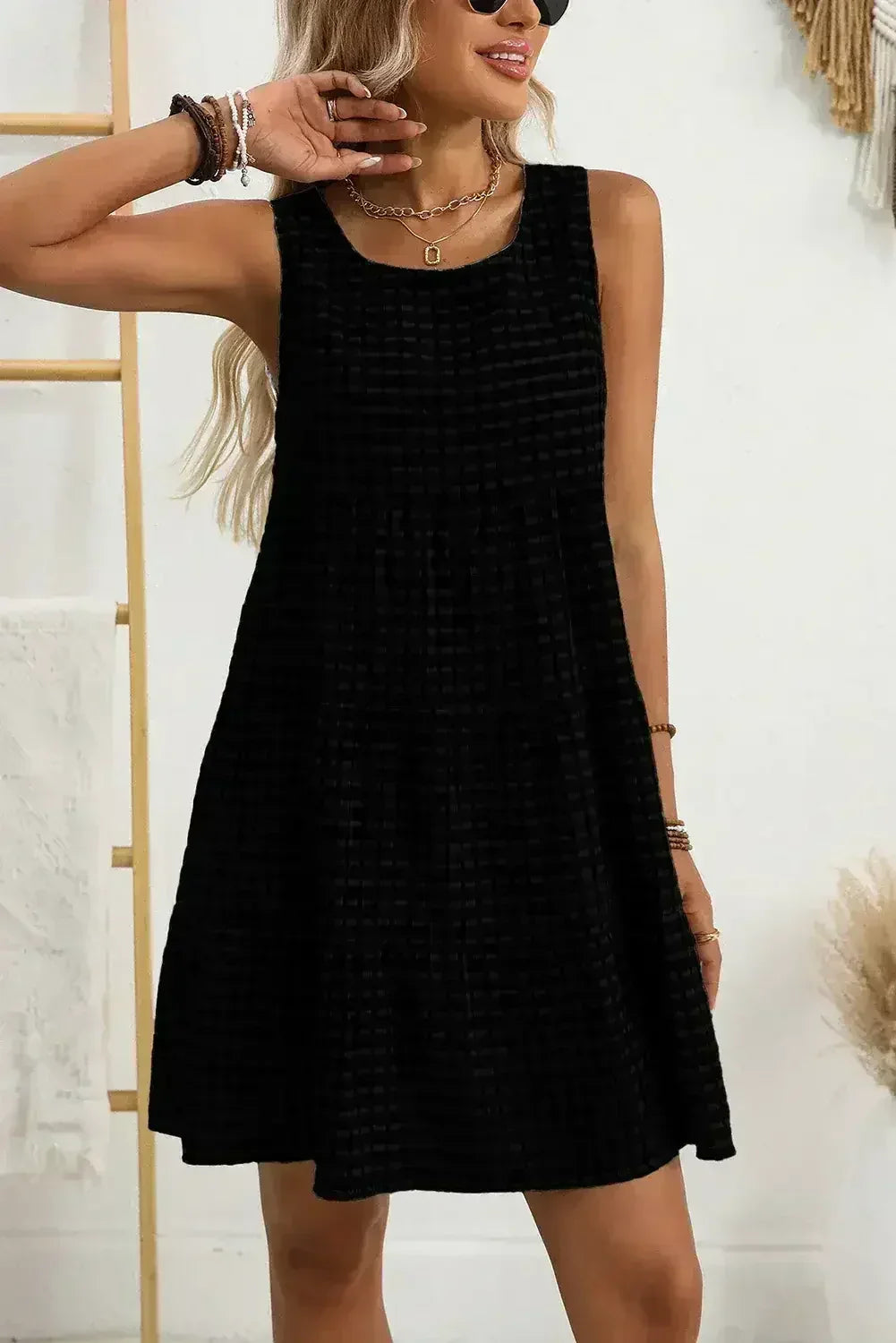 Light Blue Gingham High Waist Sleeveless Mini Dress - Femstylo