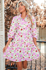 Pink Floral Print Striped Trim Flowy Mini Dress