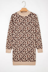 Khaki Leopard Print High Neck Shift Mini Sweater Dress - Femstylo