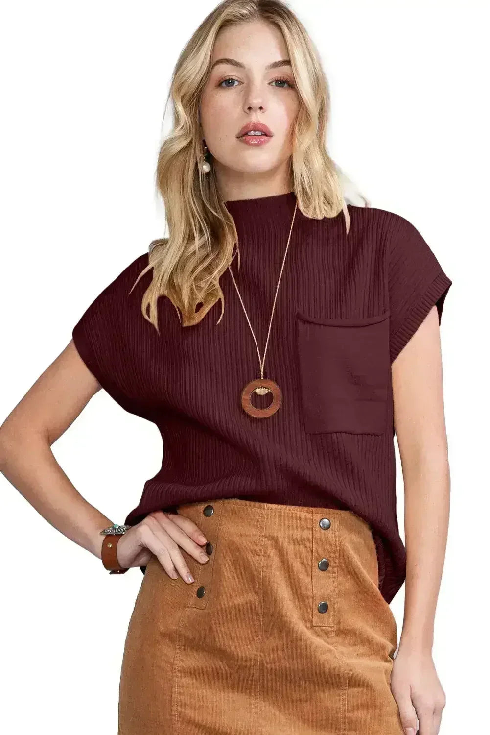 Mineral Red Patch Pocket Ribbed Knit Short Sleeve Sweater - Femstylo