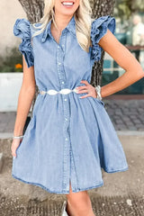 Beau Blue Ruffle Sleeve Button Down A-line Mini Denim Dress - Femstylo